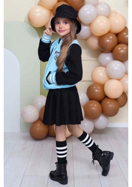 Kız Çocuk Düğme Detaylı Pamuklu Mavi Kolej Ceket Kadife Etekli Takım modelleri