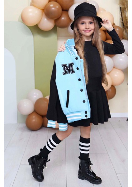 Kız Çocuk Düğme Detaylı Pamuklu Mavi Kolej Ceket Kadife Etekli Takım fırsatları