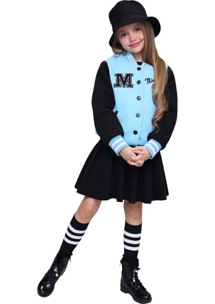 Kız Çocuk Düğme Detaylı Pamuklu Mavi Kolej Ceket Kadife Etekli Takım indirimleri