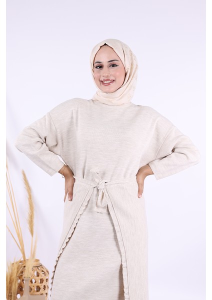 17031 Pelerinli Bağlamalı Triko Elbise Taş indirimleri