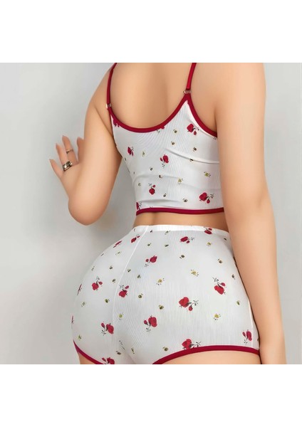 Mdb Mdbshop Pamuklu Beyaz Üstüne Kırmızı Gül Desen Fitilli Askılı Şortlu Pijama Takımı fiyatları