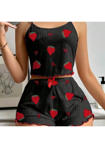 Mdb Mdbshop Pamuklu Siyah Üstüne Çilek Desen Fitilli Askılı Şortlu Pijama Takımı