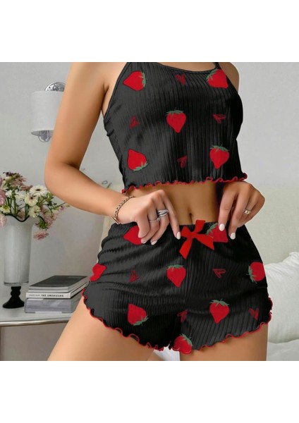 Mdb Mdbshop Pamuklu Siyah Üstüne Çilek Desen Fitilli Askılı Şortlu Pijama Takımı fiyatları