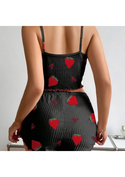 Mdb Mdbshop Pamuklu Siyah Üstüne Çilek Desen Fitilli Askılı Şortlu Pijama Takımı modelleri