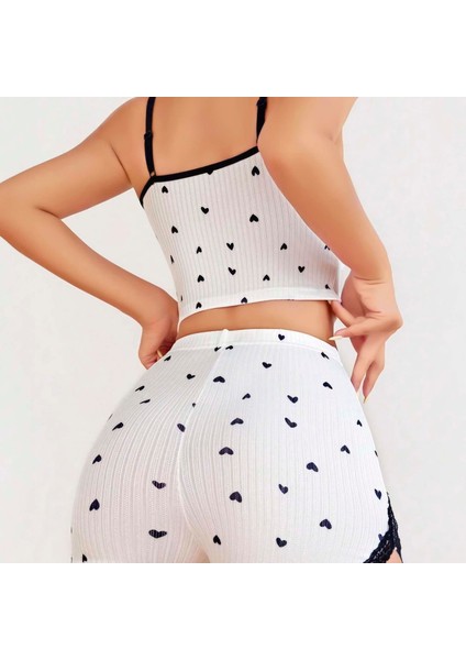 Mdb Mdbshop Pamuklu Beyaz Üstüne Siyah Kalp Desen Fitilli Askılı Şortlu Pijama Takımı fiyatları