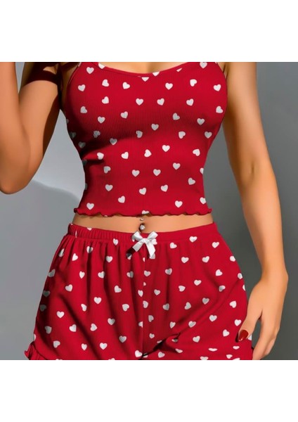 Mdb Mdbshop Pamuklu Kırmızı Üstüne Beyaz Kalp Desen Fitilli Askılı Şortlu Pijama Takımı