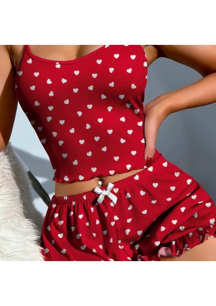 Mdb Mdbshop Pamuklu Kırmızı Üstüne Beyaz Kalp Desen Fitilli Askılı Şortlu Pijama Takımı fiyatları