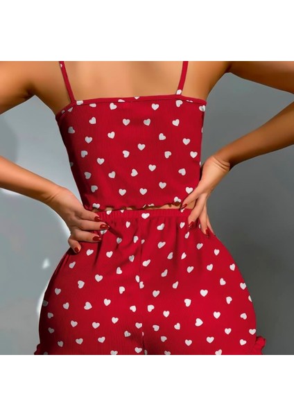 Mdb Mdbshop Pamuklu Kırmızı Üstüne Beyaz Kalp Desen Fitilli Askılı Şortlu Pijama Takımı modelleri