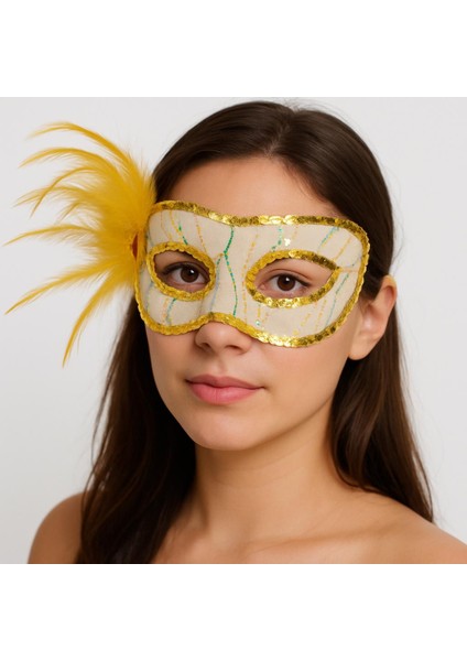 Altın Renk Yandan Tüylü Pul Payet Işlemeli Parti Maskesi 23X12 cm