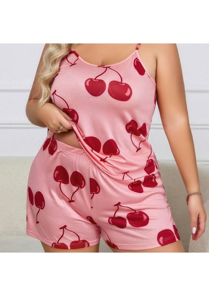 Mdb Mdbshop Büyük Beden Pembe Kiraz Desen Ince Askılı Pamuklu Şortlu Pijama Takımı