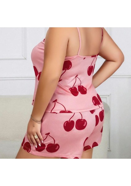 Mdb Mdbshop Büyük Beden Pembe Kiraz Desen Ince Askılı Pamuklu Şortlu Pijama Takımı modelleri