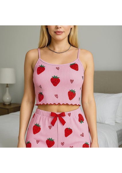 Mdb Mdbshop Pamuklu Pembe Üstüne Çilek Desen Fitilli Askılı Şortlu Pijama Takımı