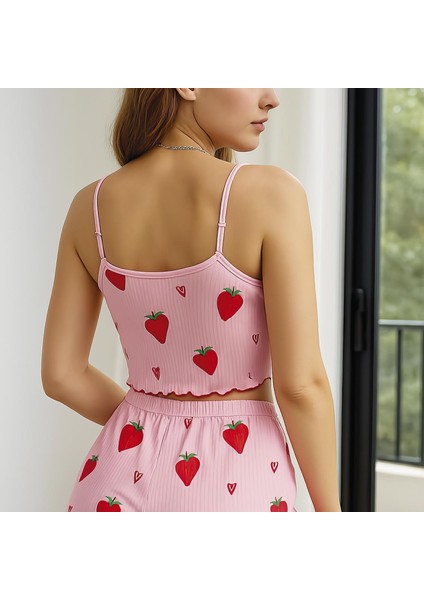 Mdb Mdbshop Pamuklu Pembe Üstüne Çilek Desen Fitilli Askılı Şortlu Pijama Takımı fiyatları