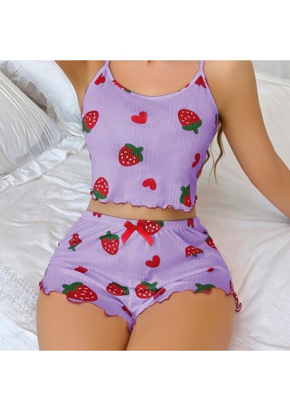 Mdb Mdbshop Pamuklu Lila Üstüne Çilek Desen Fitilli Askılı Şortlu Pijama Takımı