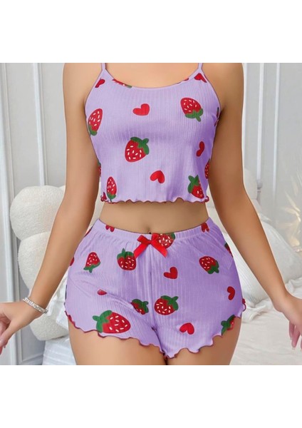 Mdb Mdbshop Pamuklu Lila Üstüne Çilek Desen Fitilli Askılı Şortlu Pijama Takımı fiyatları