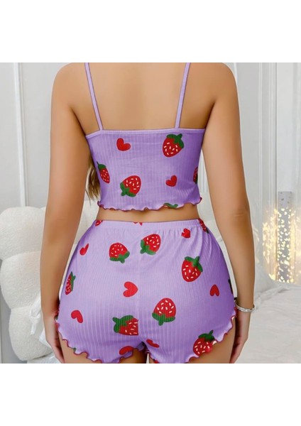 Mdb Mdbshop Pamuklu Lila Üstüne Çilek Desen Fitilli Askılı Şortlu Pijama Takımı modelleri