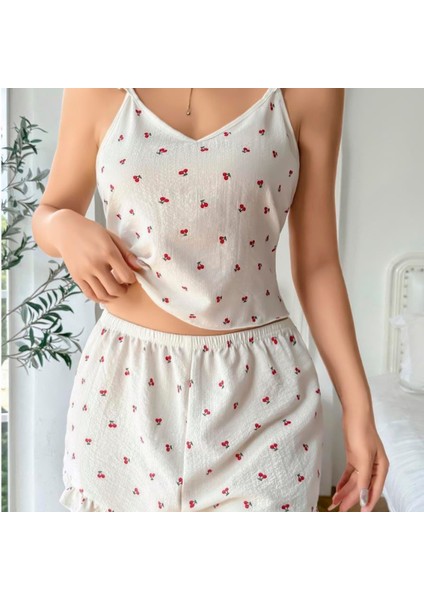 Mdb Mdbshop Pamuklu Beyaz Üstüne Kiraz Desen Fırfır Askılı Şortlu Pijama Takımı fiyatları