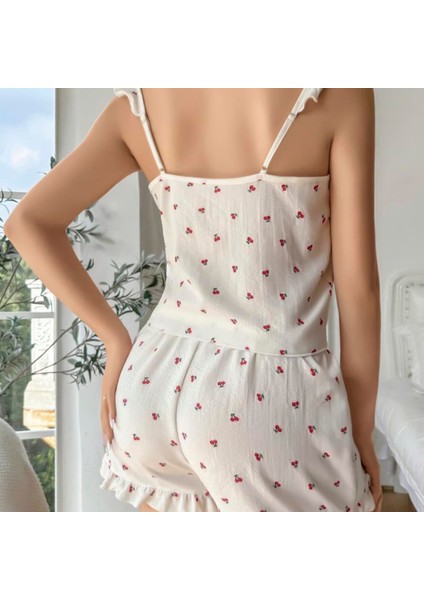 Mdb Mdbshop Pamuklu Beyaz Üstüne Kiraz Desen Fırfır Askılı Şortlu Pijama Takımı modelleri