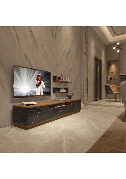 Trio 4s Mdf Tv Ünitesi Tv Sehpası - Ceviz - Siyah Mermer