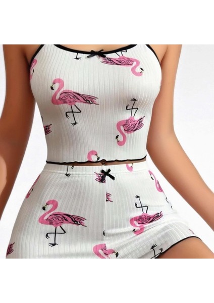 Mdb Mdbshop Pamuklu Beyaz Üstüne Pelikan Desen Fitilli Askılı Şortlu Pijama Takımı fiyatları