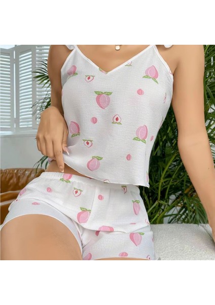 Mdb Mdbshop Pamuklu Beyaz Üstüne Çiçek Desen Fırfır Askılı Şortlu Pijama Takımı