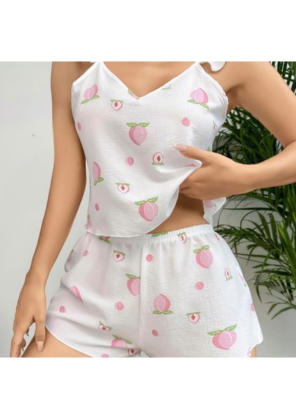 Mdb Mdbshop Pamuklu Beyaz Üstüne Çiçek Desen Fırfır Askılı Şortlu Pijama Takımı fiyatları