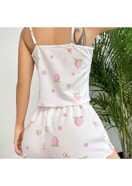 Mdb Mdbshop Pamuklu Beyaz Üstüne Çiçek Desen Fırfır Askılı Şortlu Pijama Takımı modelleri