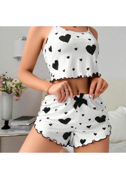Mdb Mdbshop Pamuklu Beyaz Üstüne Siyah Kalp Desen Fitilli Askılı Şortlu Pijama Takımı