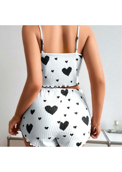 Mdb Mdbshop Pamuklu Beyaz Üstüne Siyah Kalp Desen Fitilli Askılı Şortlu Pijama Takımı fiyatları