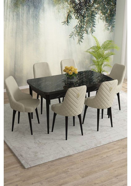 Meri Siyah Mermer 80X132 Açılabilir Mdf Masa Yemek Odası Takımı, Mutfak Takımı 6 Adet Sandalye
