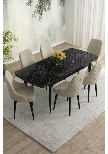 Meri Siyah Mermer 80X132 Açılabilir Mdf Masa Yemek Odası Takımı, Mutfak Takımı 6 Adet Sandalye fiyatları