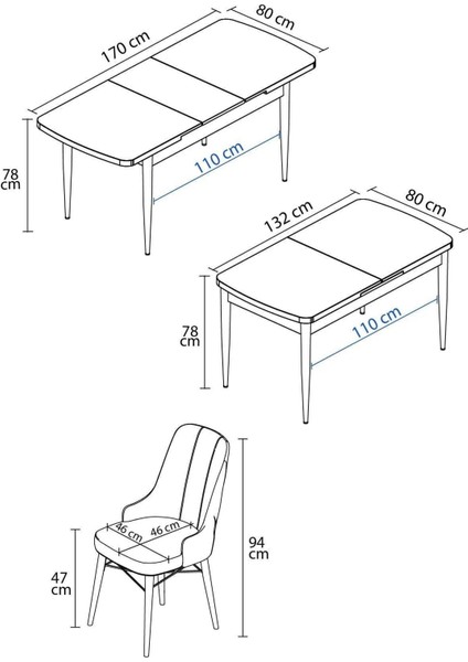 Meri Siyah Mermer 80X132 Açılabilir Mdf Masa Yemek Odası Takımı, Mutfak Takımı 6 Adet Sandalye modelleri