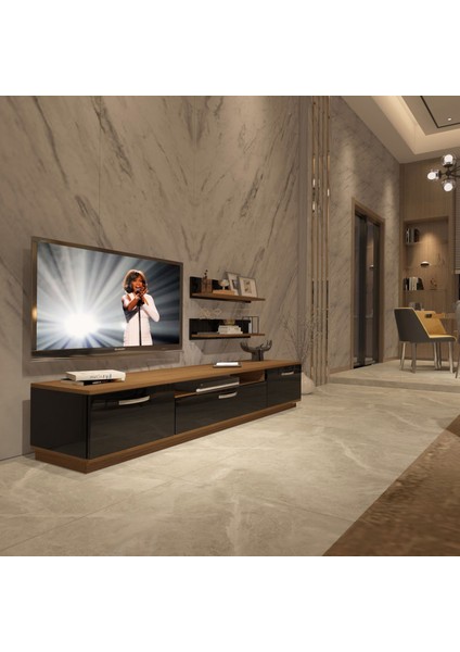 Trio 4s Mdf Tv Ünitesi Tv Sehpası - Ceviz - Siyah