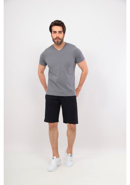 Erkek V Yaka Tshirt Şort Cep Fermuarlı Alt Üst Takım