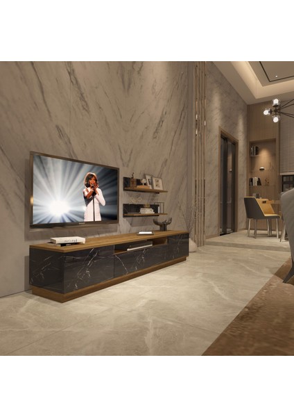 Trio 4s Mdf Tv Ünitesi Tv Sehpası - Pera - Siyah Mermer