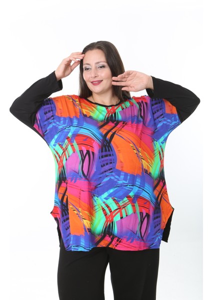 Kadın Likralı Yünlü Viskon Ön Desenli Büyük Beden Tunik modelleri