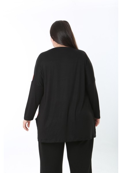 Kadın Likralı Yünlü Viskon Ön Desenli Büyük Beden Tunik