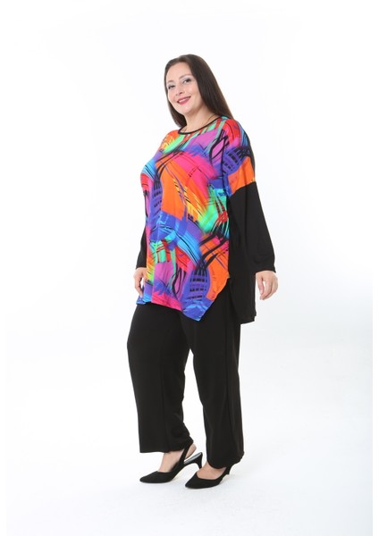 Kadın Likralı Yünlü Viskon Ön Desenli Büyük Beden Tunik