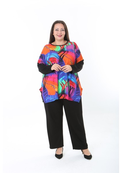 Kadın Likralı Yünlü Viskon Ön Desenli Büyük Beden Tunik