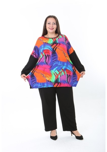 Kadın Likralı Yünlü Viskon Ön Desenli Büyük Beden Tunik