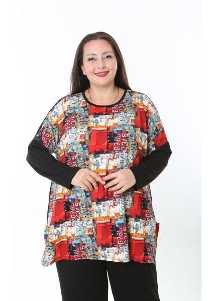 Kadın Likralı Yünlü Viskon Ön Desenli Büyük Beden Tunik