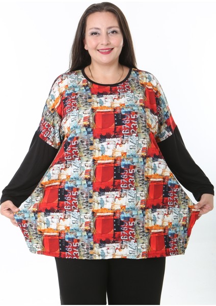 Kadın Likralı Yünlü Viskon Ön Desenli Büyük Beden Tunik modelleri