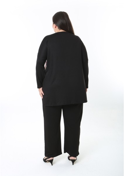 Kadın Likralı Yünlü Viskon Ön Desenli Büyük Beden Tunik