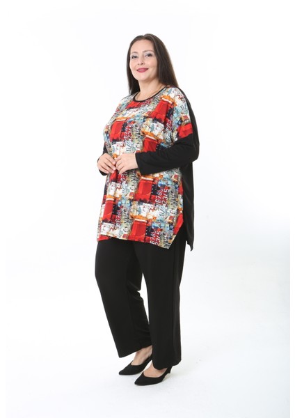 Kadın Likralı Yünlü Viskon Ön Desenli Büyük Beden Tunik
