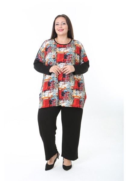 Kadın Likralı Yünlü Viskon Ön Desenli Büyük Beden Tunik