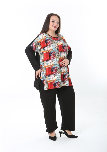 Kadın Likralı Yünlü Viskon Ön Desenli Büyük Beden Tunik