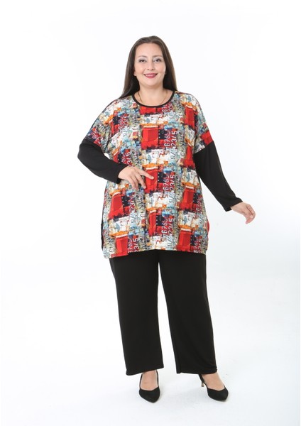 Kadın Likralı Yünlü Viskon Ön Desenli Büyük Beden Tunik