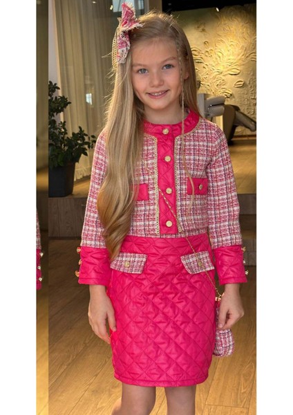 Kız Çocuk Gold Şerit ve Kapitone Detaylı Şanel Kumaş Fuşya Etekli Takım