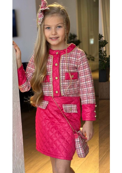 Kız Çocuk Gold Şerit ve Kapitone Detaylı Şanel Kumaş Fuşya Etekli Takım fiyatları