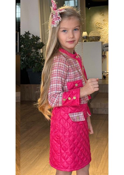 Kız Çocuk Gold Şerit ve Kapitone Detaylı Şanel Kumaş Fuşya Etekli Takım modelleri